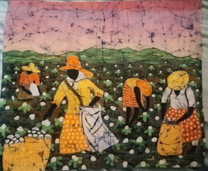 Vintage Wax Batik cloth Art Hatain Woman working on farm scene