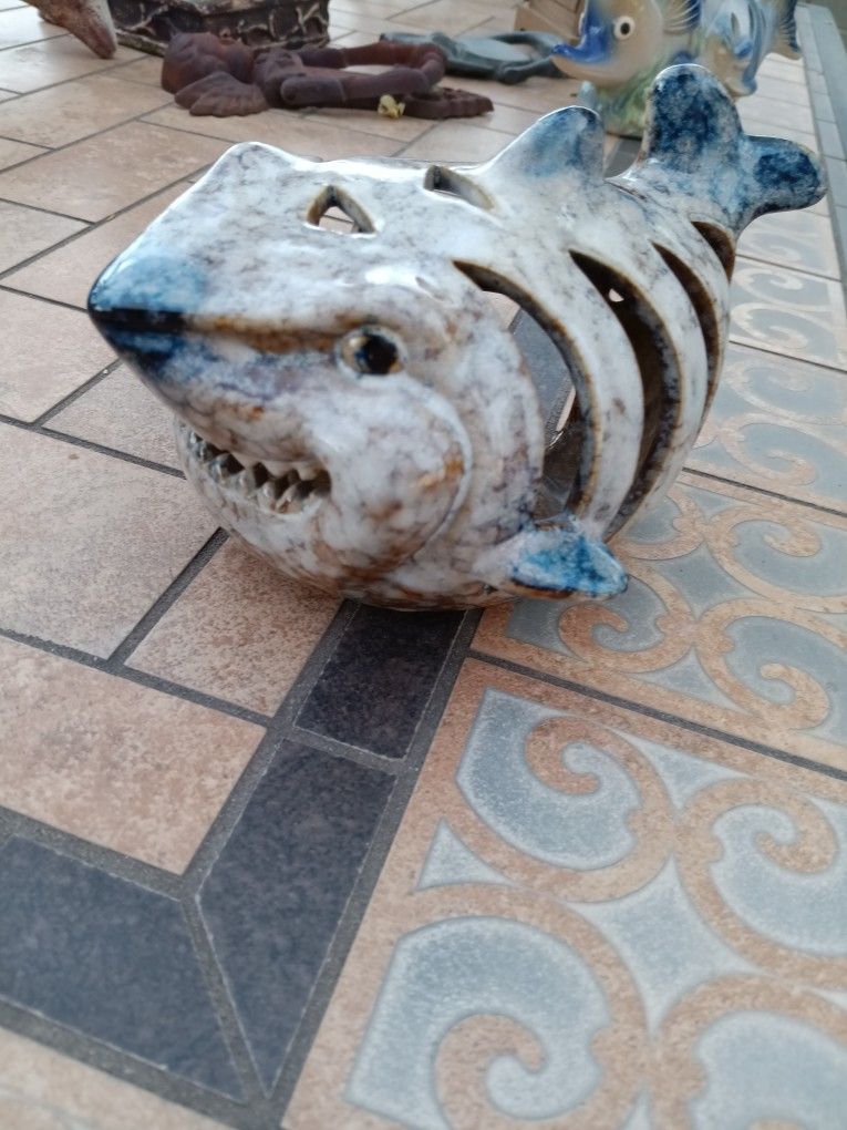 $12 Glazed Shark With Cut Outs Votive Candle Holder, Nautical Decor 7"