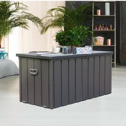 Brand new Deck Box 100 Gallon, Patio Storage Cabinet, Waterproof Outdoor Storage, Resin Lid Metal Patio Storage Bin with Lockable, Dark Gray $100  Pic