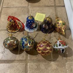 8 VINTAGE ENAMELED CLOISONNE CHRISTMAS ORNAMENTS