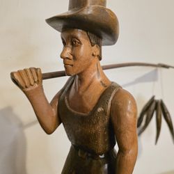 Vintage Central American Folk Art Wood Carved Fisherman Sculpture
