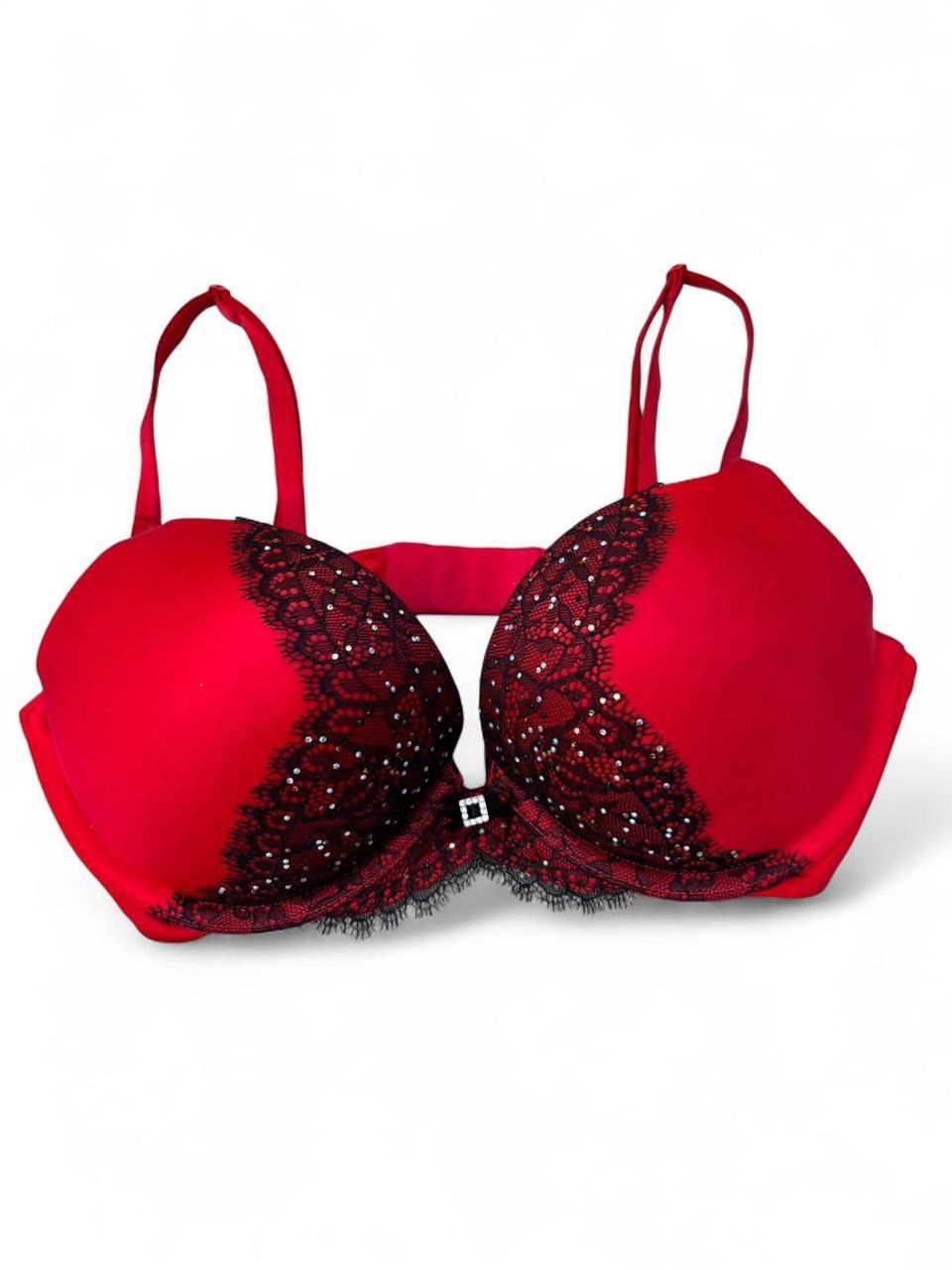 ✨RARE VICTORIA’S SECRET BLING RED BOMBSHELL BRA LACE MIRACULOUS PLUNGE 34C ✨