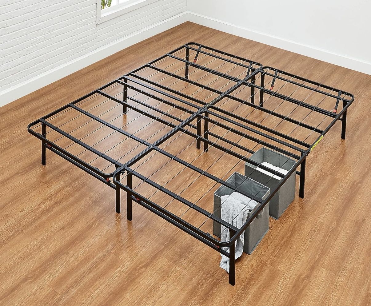 Amazon Basics Bed Frame with Storage, Foldable Metal Platform, Sturdy Steel, No Box Spring Needed, 14-inch High, Tool-Free Setup, Queen Size, Black