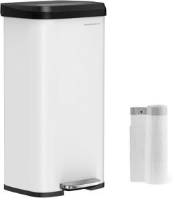 Kitchen Trash Can, 18-Gallon Stainless Steel Garbage Can, with Stay-Open Lid and Step-on Pedal, Soft Closure, Tall, Large and Space-Saving, White and 