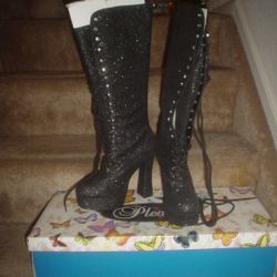 Women's Pleaser Glitter Lace-Up Knee High Platform High Heel Boots - Sz. 7.5 - New 
