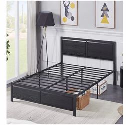Black Metal Platform Bed Frame with Headboard