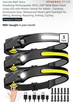 Rechargeable LED Headlamp with Motion Sensor – 3 Pack