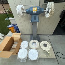 BALDOR 332B 3/4HP BUFFER WITH BALDOR CAST IRON STAND, 6 BUFFING PADS