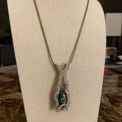 (9) Hand-Crafted Wire-Wrapped Pendant. Silver Wire/Forest Green Cabochon