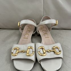  Gucci Cream Leather Horsebit Block Heel Slide Sandals