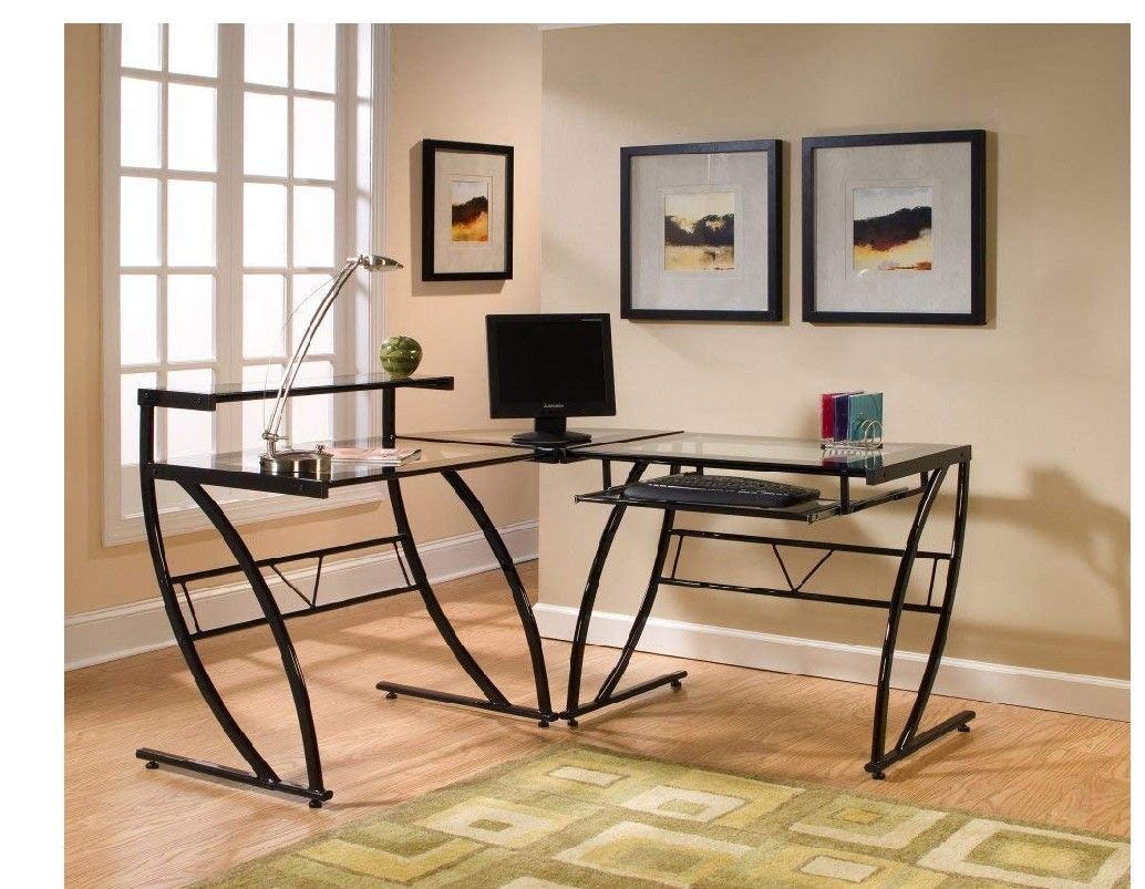 Z-Line Belaire Glass L-Shaped Computer Desk Ideal For Corner Placement
