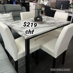 White 5 Piece Faux Marble Top Dining Table Set  // October Sale ! 