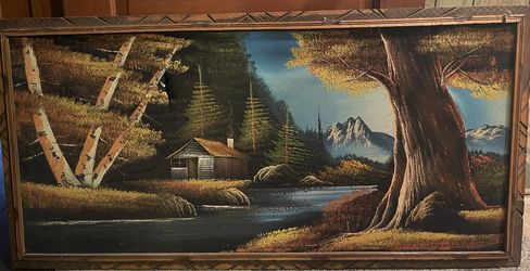 Early 19th Century Black Velvet Landscape Oil Painting, Hand Carved Frame