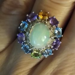 Size 6 New In Box Genuine Ethiopian Opal Gemstone Halo 😇 Ring! 💍