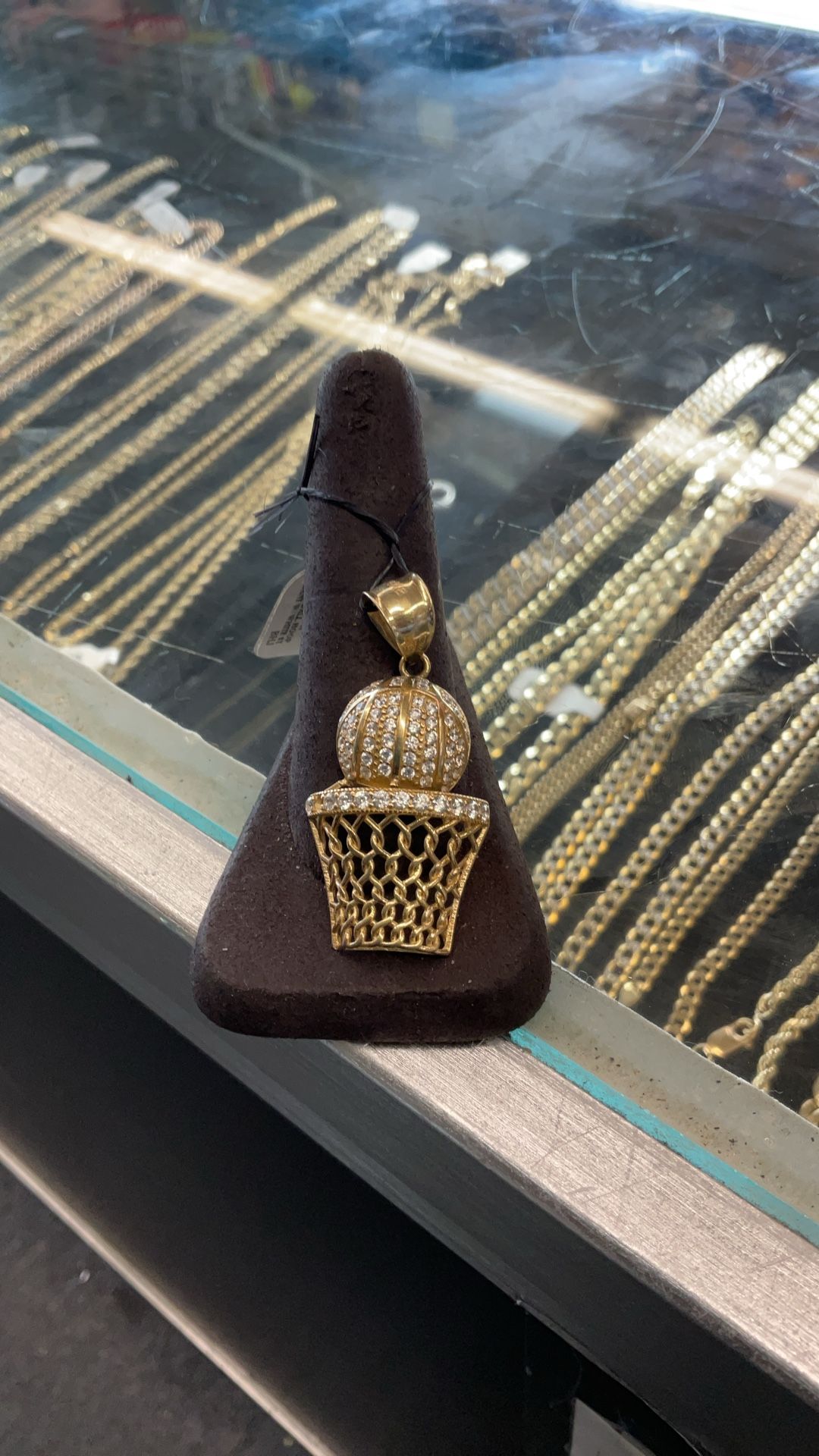 14KT Basketball Hoop Pendant W/ Clear Stones 38698-1