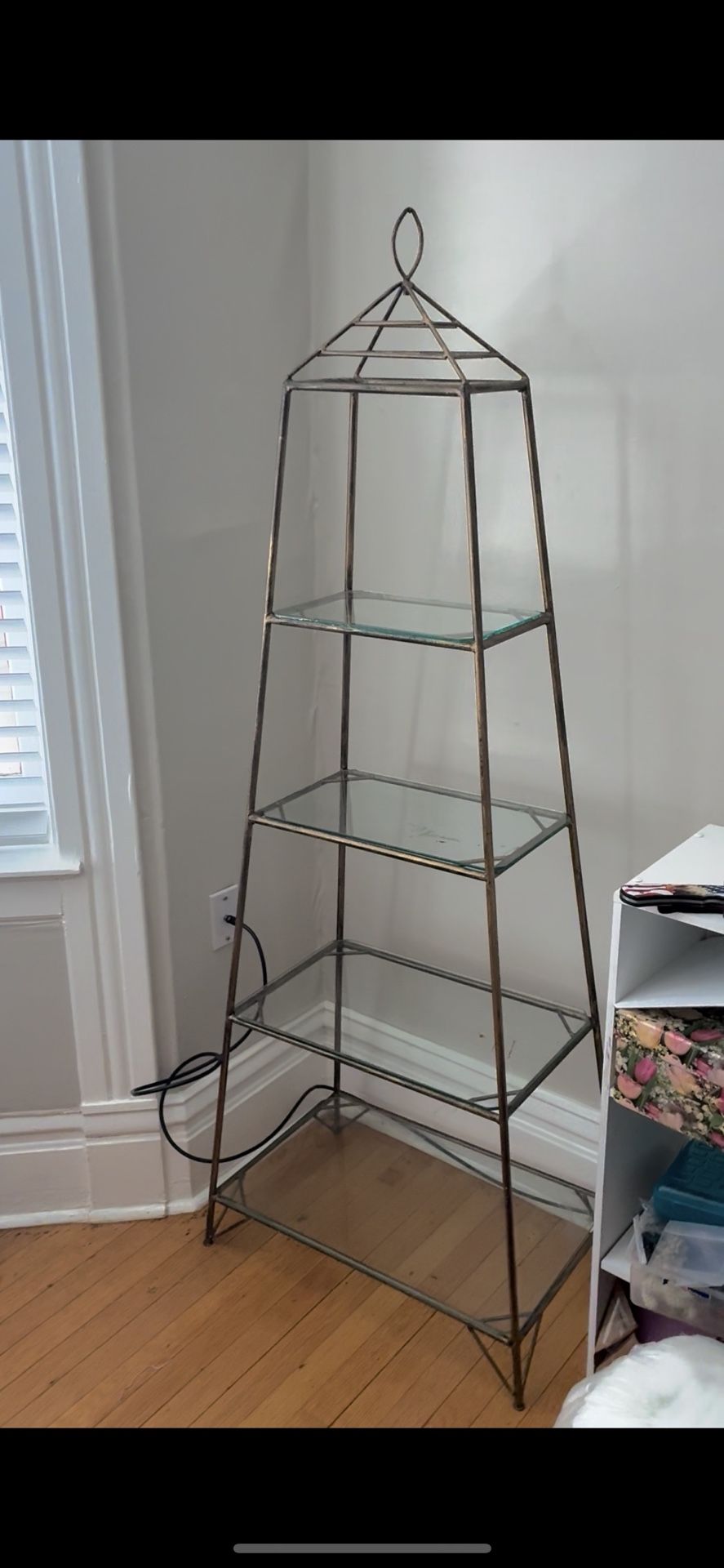 Glass gold metal shelf / grand tour etagere / plant stand