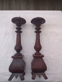 Pair of Vintage Style Solid Wood Candle Holders - 17" Tall