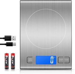 Diyife Digital Kitchen Scale, which is a 33 lb (15 kg) capacity food scale featuring a 304 stainless steel platform, a backlit LCD screen, and dual po