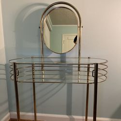 Vintage Brass & Glass Vanity With Chair