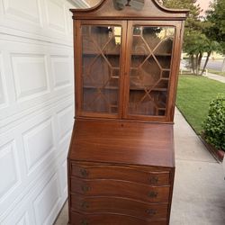 Vintage mahogany finish Secretary Desk with Glass Bookcase Hutch