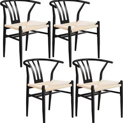 4PCS Wishbone Dining Chair Weave Chair Mid-Century Modern Metal Rattan Chair Black Dining Chair Armchairs Hemp Seat Chair Accent Chair for Kitchen, Di