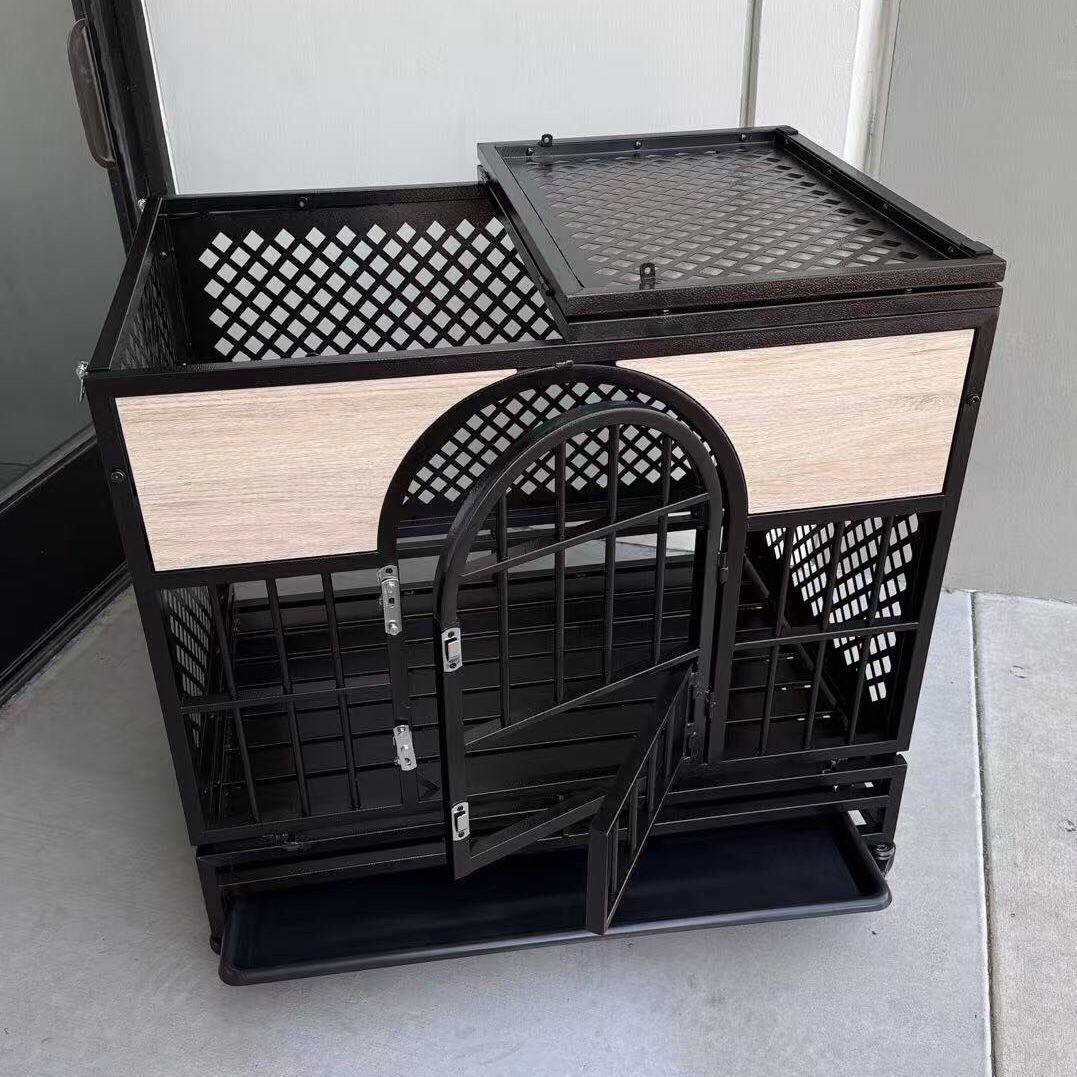 New In Box 35x25x33 Inch Tall Heavy Duty Steel Metal Dog Cage Crate Kennel With Locking Wheels Top Opens Light Grey 