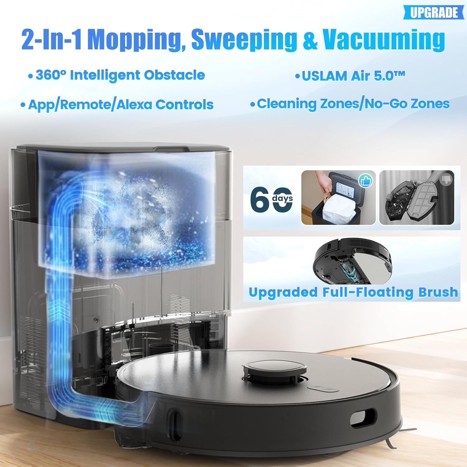 Robot Vacuum and Mop Combo, Self-Emptying, 60-Day Capacity, Schedule, 180mins Runtime, Home Mapping, Wi-Fi/App/Alexa/Remote, Robotic Vacuum Cleaner fo