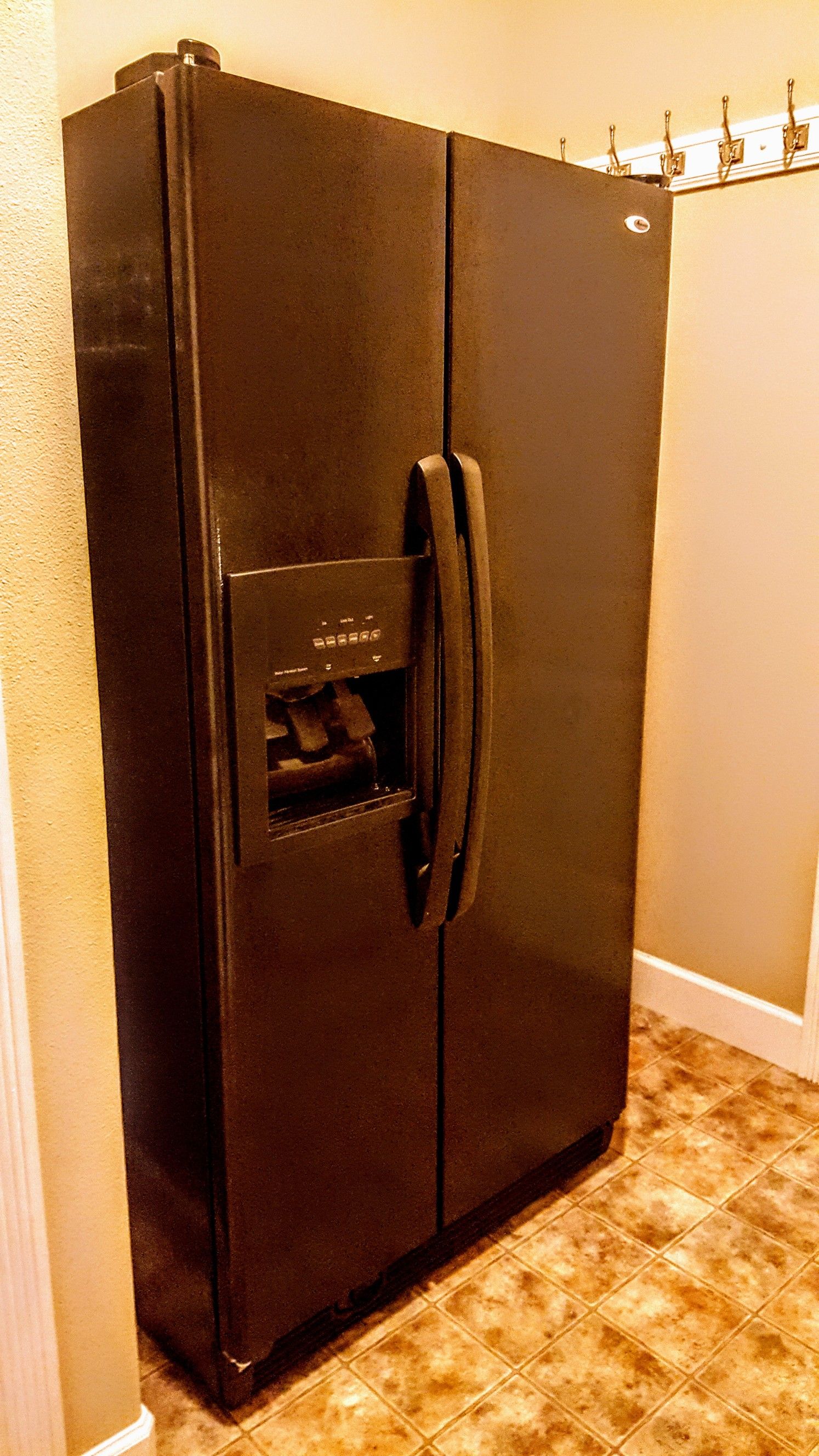 Black AMANA Side by Side Refrigerator Featuring Never-connected or Used Filtered Water System and Ice Maker