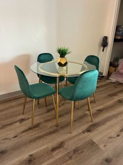 Gold Accent Dining Table Set with Velvet Chairs