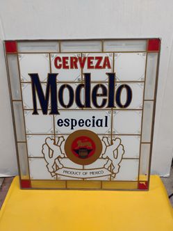 Stained glass Modelo Especial beer sign featuring the brand logo and Mexican heritage