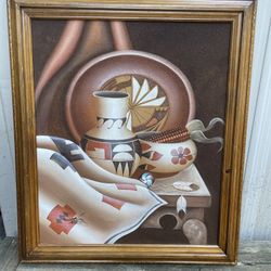 Mario Jung Native American Pottery Sand Painting & Oil On Canvas