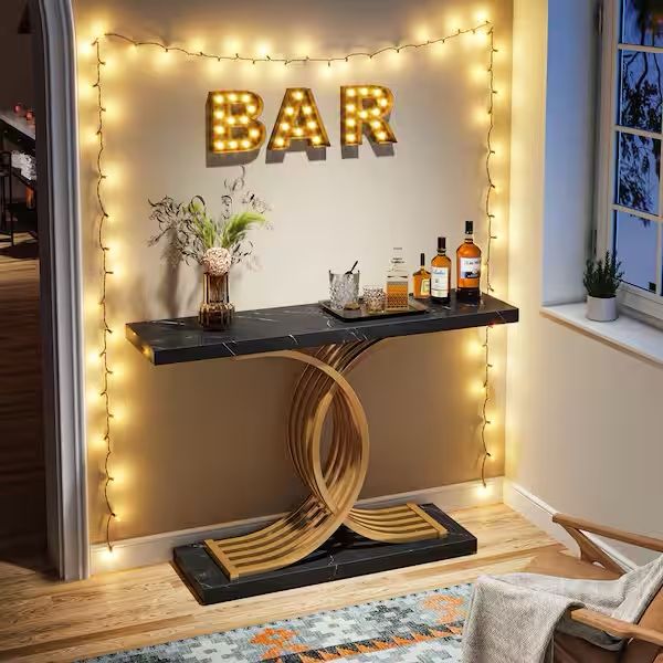 Catalin 40 in. Black Rectangle Wood Console Table, Modern Sofa Table with Geometric Frame