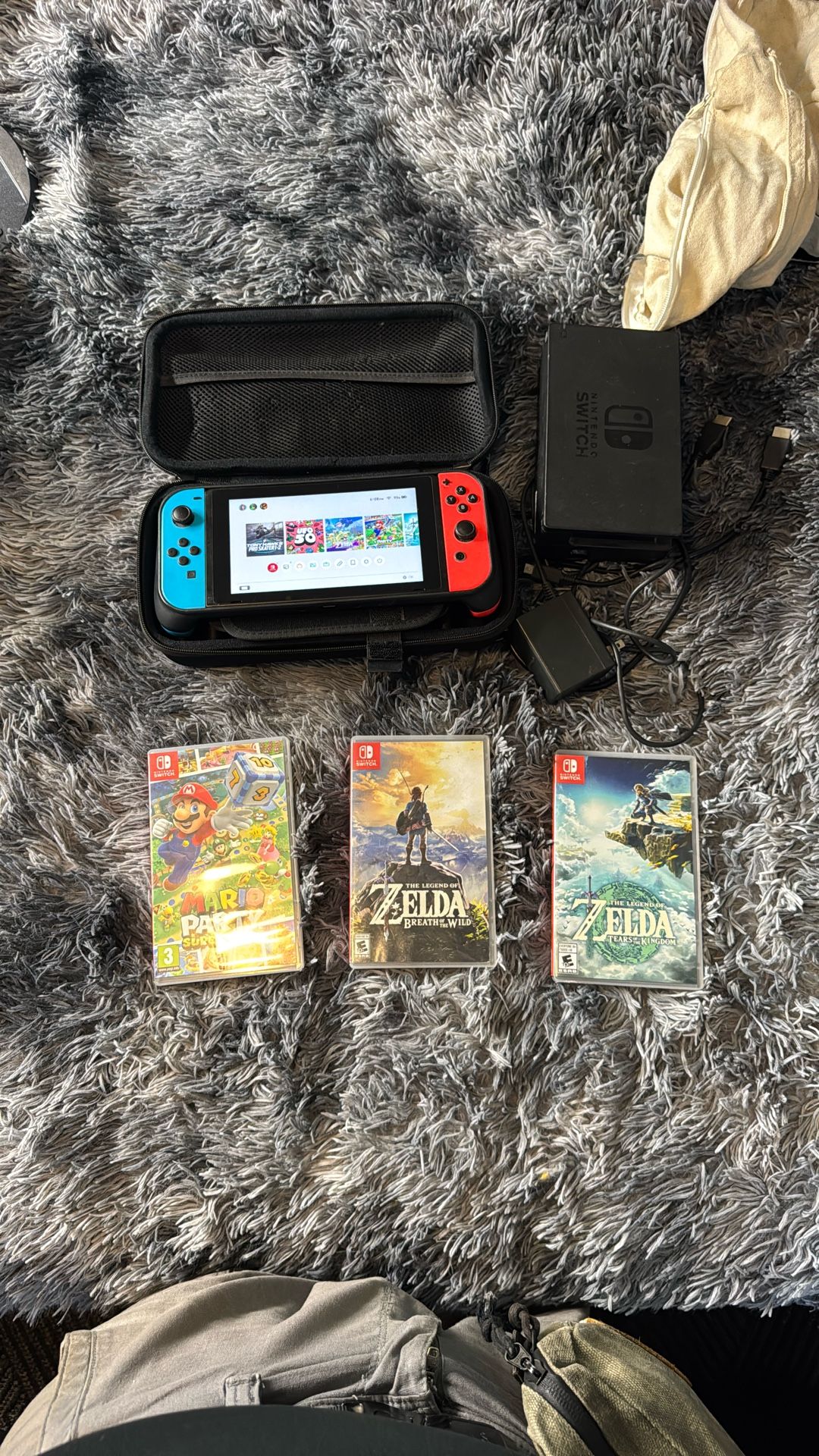 Used Nintendo Switch W/case And Grips - Comes With Zelda Breath Of The Wild And Tears Of The Kingdom And Mario Party Superstars