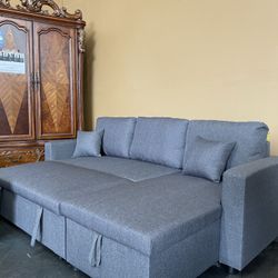 Gray Reversible Sofa Sleeper with Pull Out Bed Ottoman 