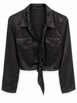 Black Satin Crop Tie-Front Shirt