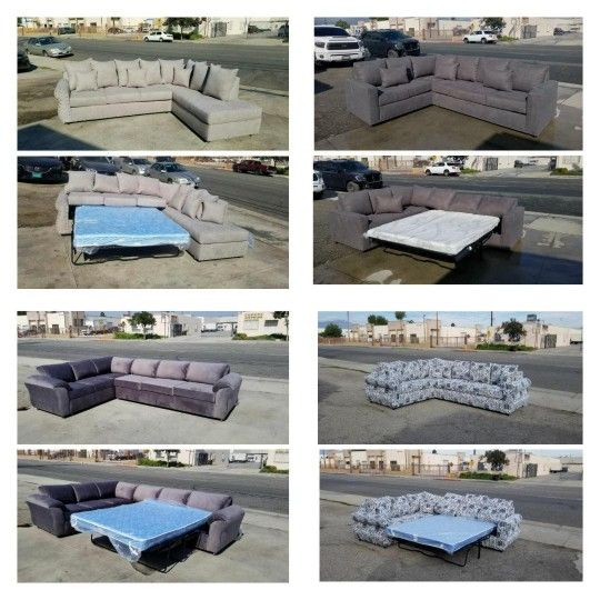 BRAND  NEW 7X9FT Sectional With SLEEPER COUCHES. Light GREY, Charcoal, Velvet CHARCOAL, Blue Print FABRIC  Sofas  COUCH 2pcs 