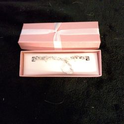 Heart Charm Tennis Bracelet  In Gift Box Silvertone
