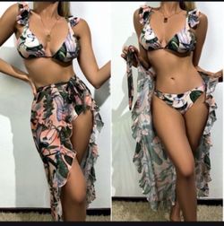 Strap Beach 3pack Trim Skirt Three-Piece & Swimwear Color Ruffle Print Adjustable Swimsuit Bikini Bikini Set