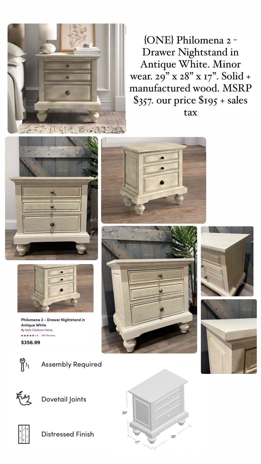 {ONE} Philomena 2 - Drawer Nightstand in Antique White. Minor wear. 29” x 28” x 17”. Solid + manufactured wood. MSRP $357. our price $195 + sales tax