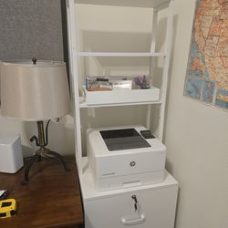 White file cabnit and shelves