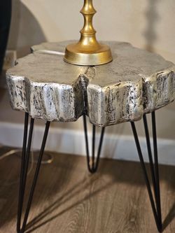 DecMode 19" x 26" Gray Magnesium Oxide Tree Trunk Accent Table with Black Metal Hairpin Legs, 2-Piece
