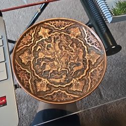Antique Repousse Turkish/Persian Copper Hand-Tooled Wall Plate W/Hunting Scene