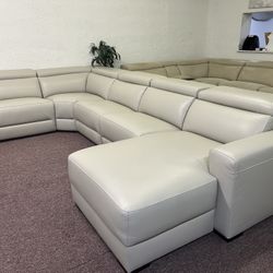 Furniture- 100% Real Top Grain Leather Sectional With A Power Recliners- Nevio