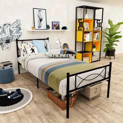 Cheerwing Metal Platform Bed, Twin, with Two Bowknot Headboards