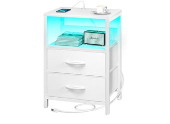 Nightstand with Charging Station LED Night Stand w/Fabric Drawers Storage Shelf