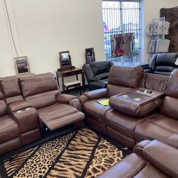 Brown Leather gel 3 Piece Reclining Sofa Set(Houston )
