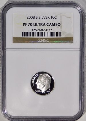 Photo 2008-S Roosevelt Dime Silver Proof NGC PF-70 Ultra Cameo