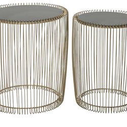 Set of 2 Gold Wire End Tables with Glass Tops – Modern Deco Style