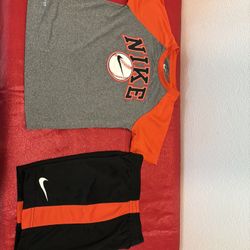 Nike boys youth size Large ( fits size S) top and short set Black Orange & Grey