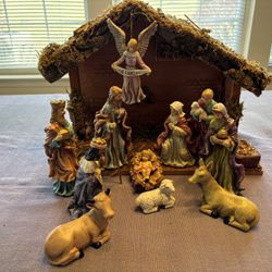 Vintage Porcelain Christmas Nativity Scene With Manger, 11 fine figurines, wooden ornate manger, approximately 16” x 10”, JCPenney Holiday Novelties, 